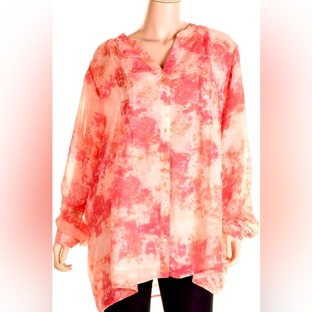 Calvin Klein Women's Long Sleeve Pin-tuck Button-Up Abstract Print Top - 3X
